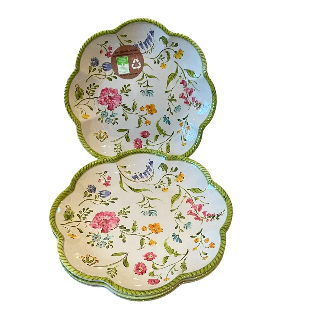 NEW Shabby Chic Floral Melamine Salad Plates 9in Set of 4 Scalloped Green Border